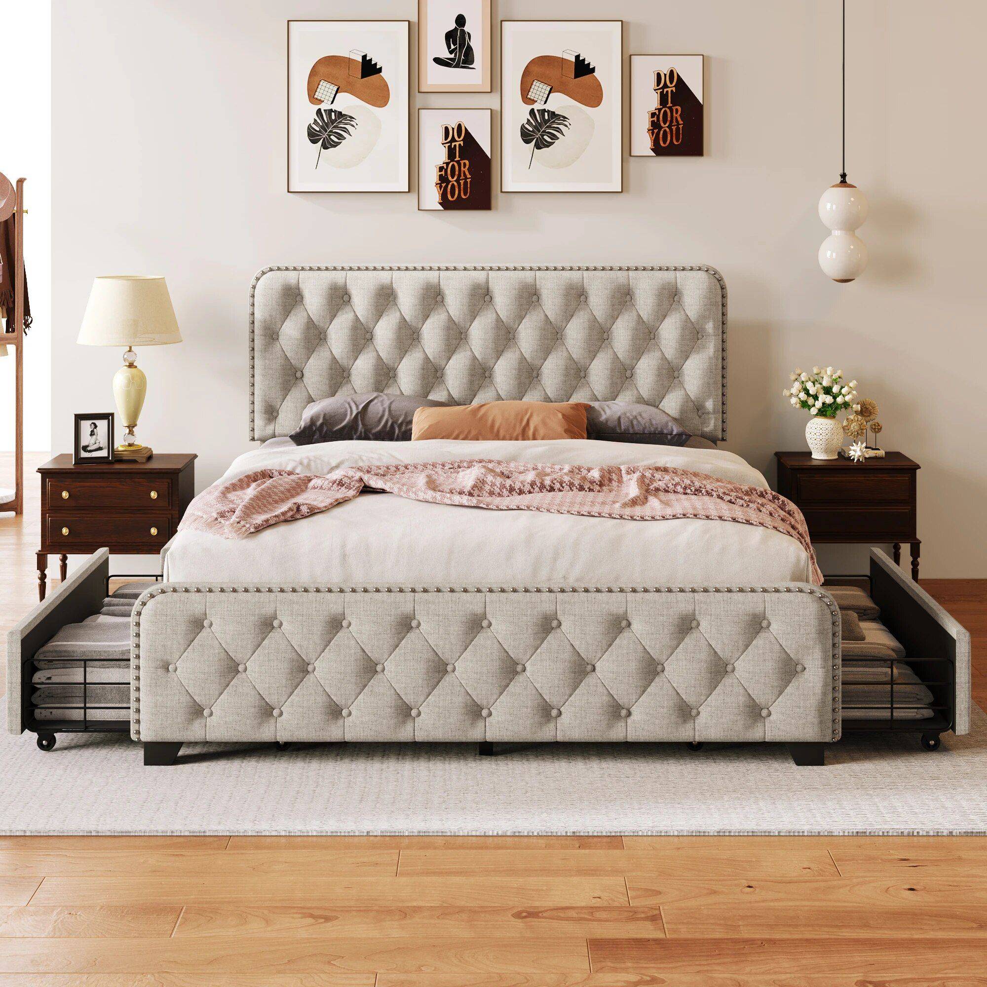 Upholstered Platform Bed with Storage Drawers Beds Furniture Color : Blue|Beige 