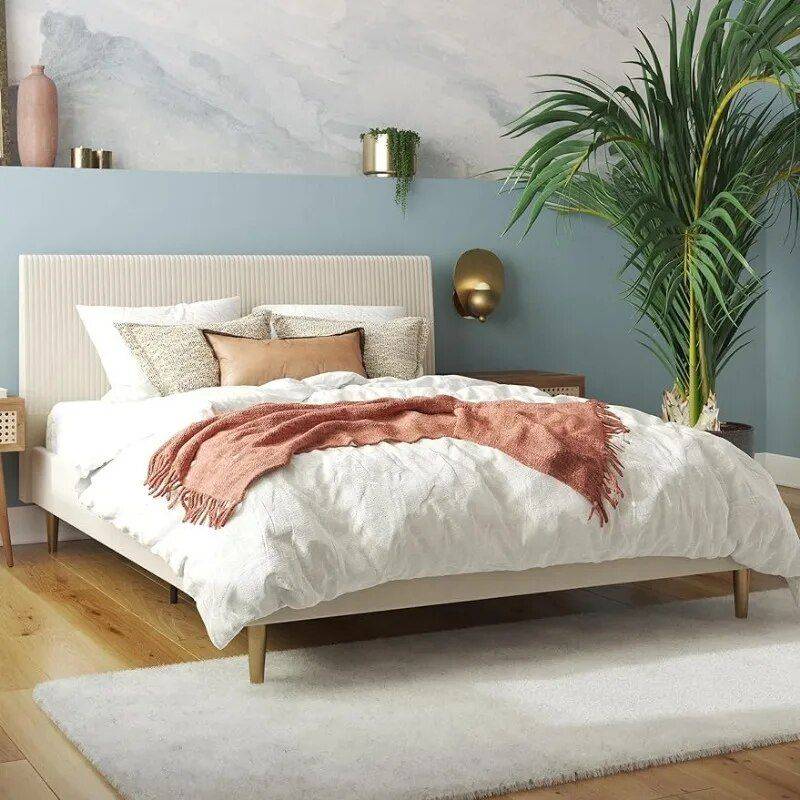 Velvet Upholstered Queen Bed with Modern Platform and Headboard – Ivory Beds Furniture Size : Queen Velvet Upholstered Queen Bed with Modern Platform and Headboard - Ivory Beds Furniture Size : Queen