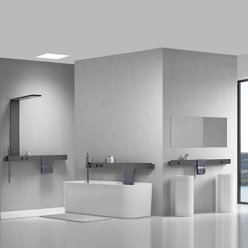 Wall-Mounted Luxury Thermostatic Shower System with Storage Rack & Towel Bar Bathroom Shower Systems & Faucets Wall-Mounted Luxury Thermostatic Shower System with Storage Rack & Towel Bar Bathroom Shower Systems & Faucets