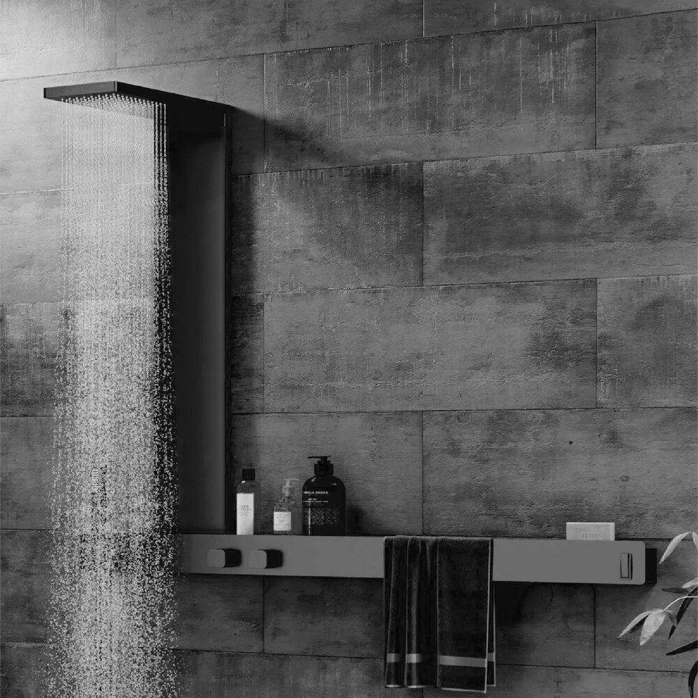 Wall-Mounted Luxury Thermostatic Shower System with Storage Rack & Towel Bar Bathroom Shower Systems & Faucets Wall-Mounted Luxury Thermostatic Shower System with Storage Rack & Towel Bar Bathroom Shower Systems & Faucets